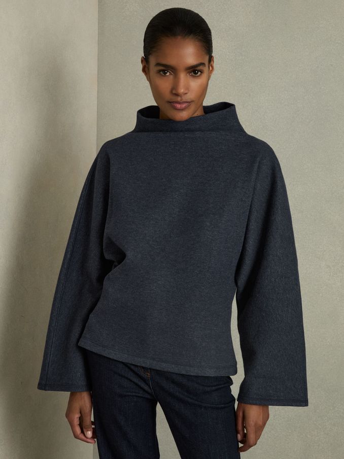 Cotton-Blend High-Neck Top in Navy (AU6789) | US$95