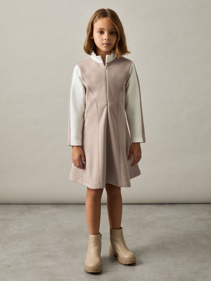 4-9 yrs Jersey Contrast-Stitch Flared Dress in Ecru (AU6791) | €35
