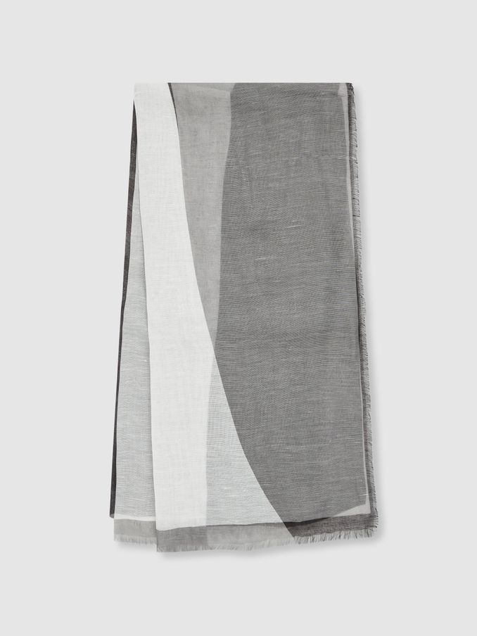 Linen-Blend Printed Scarf in Grey/White (AU6792) | $195