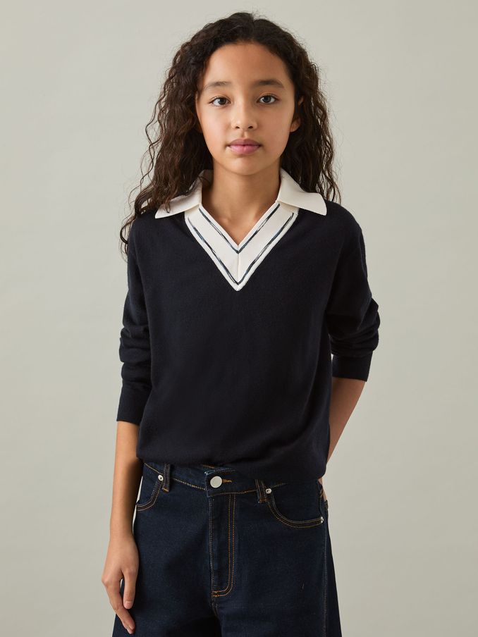 4-9 yrs Wool Collared Cricket Jumper in Navy (AU6797) | US$60