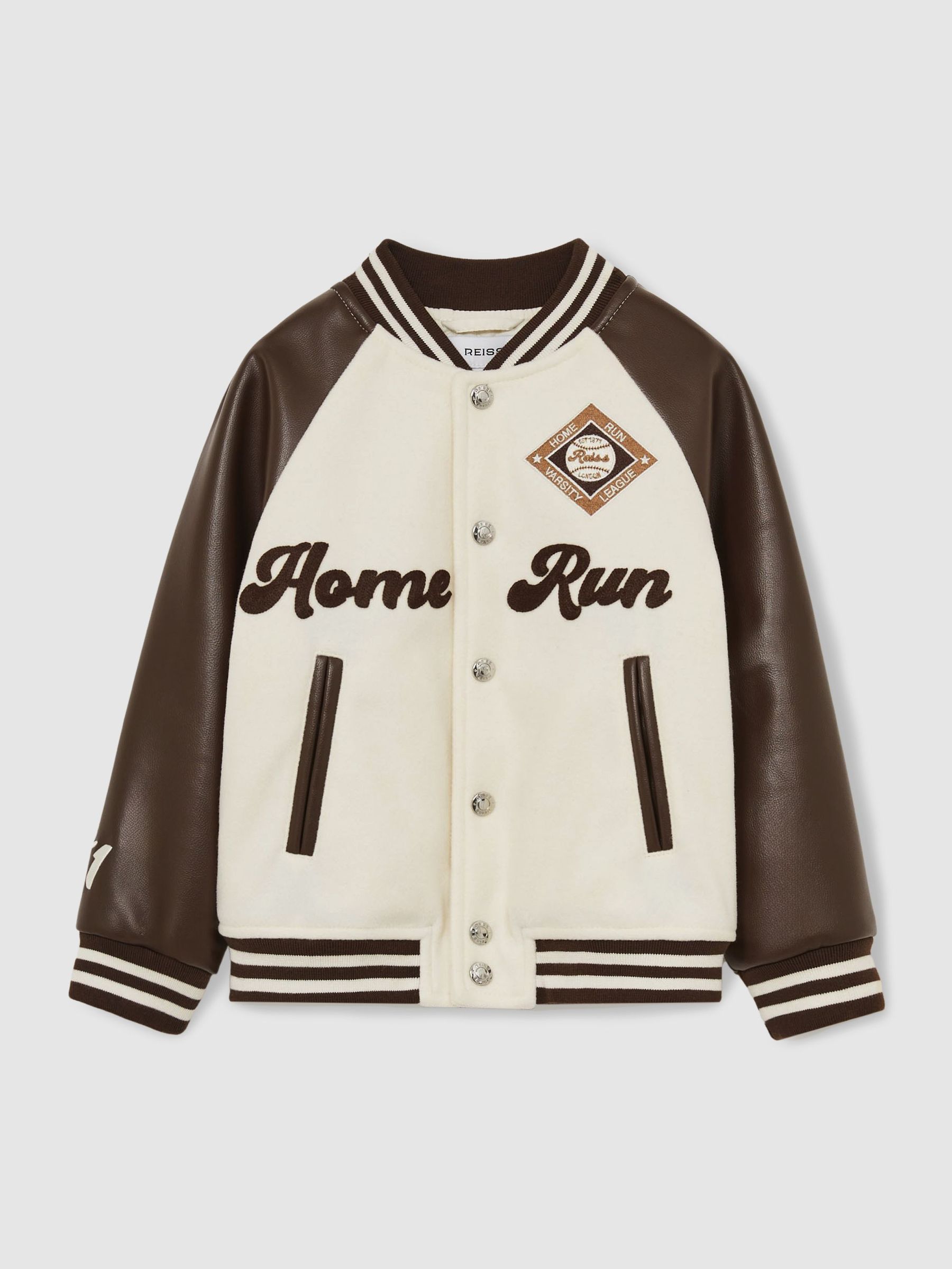 13-14 yrs Home Run Varsity Bomber Jacket in Off White/Brown (AU7211) | US$120