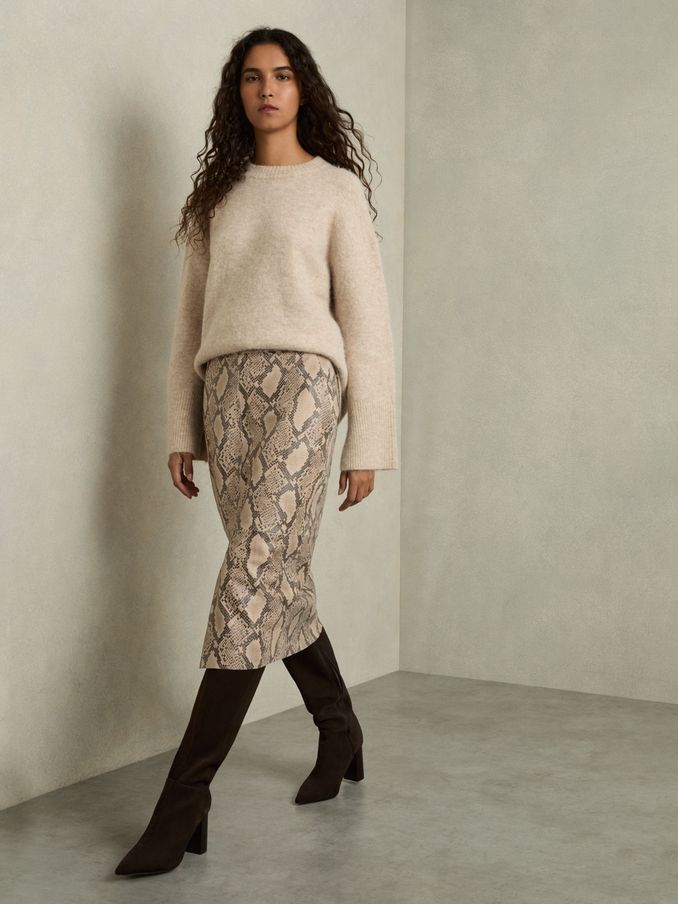 Leather Snakeskin-Effect Pencil Skirt in Neutral (AU7240) | US$409