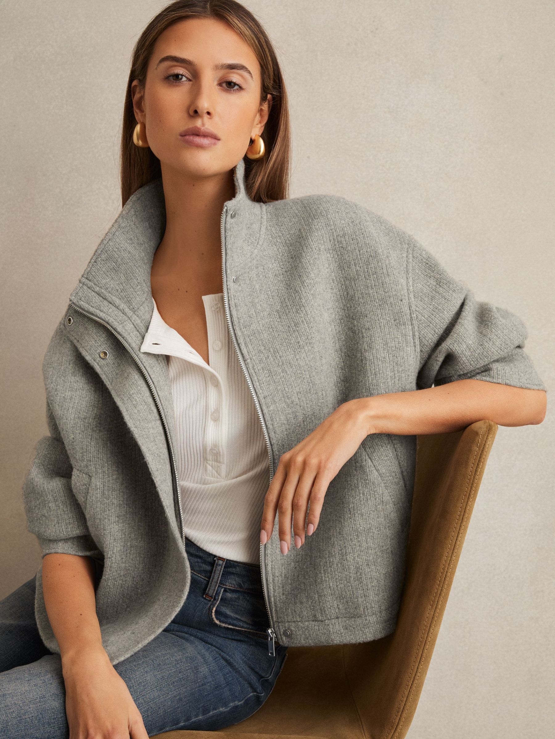 Wool Funnel-Neck Bomber Jacket in Grey (AU8083) | €395