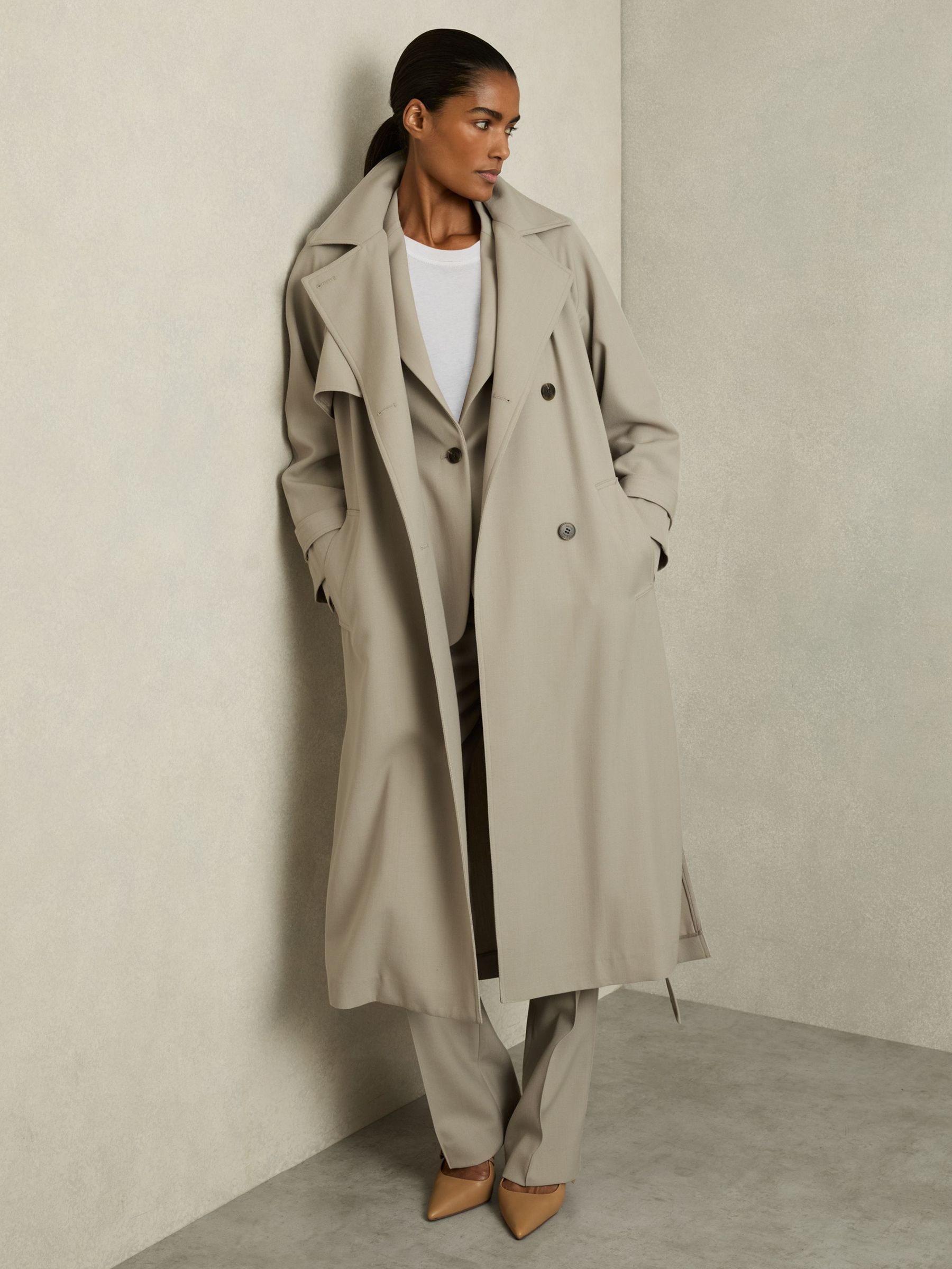 Wool-Blend Double-Breasted Trench Coat in Neutral (AU8087) | 1,124 SAR