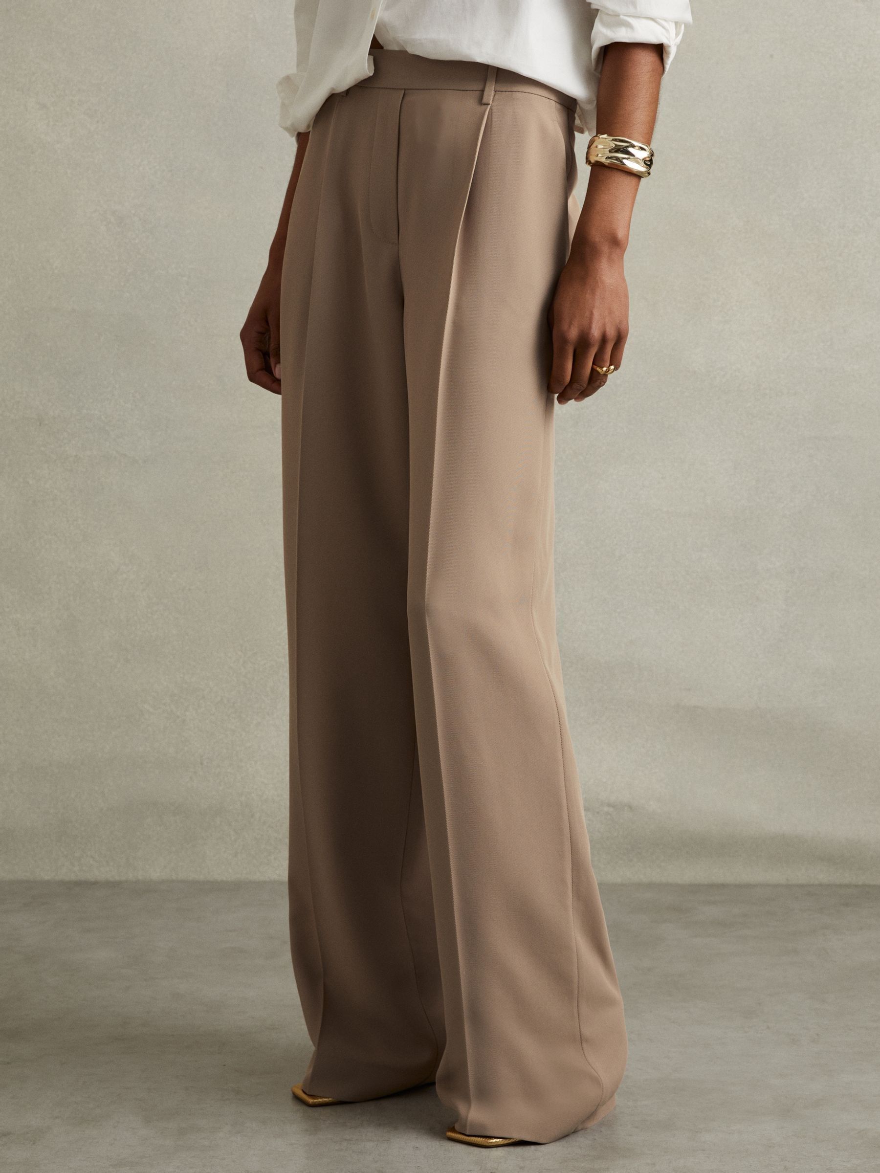 Petite Elasticated-Waist Wide-Leg Twill Trousers in Mink Neutral (AU9674) | US$210