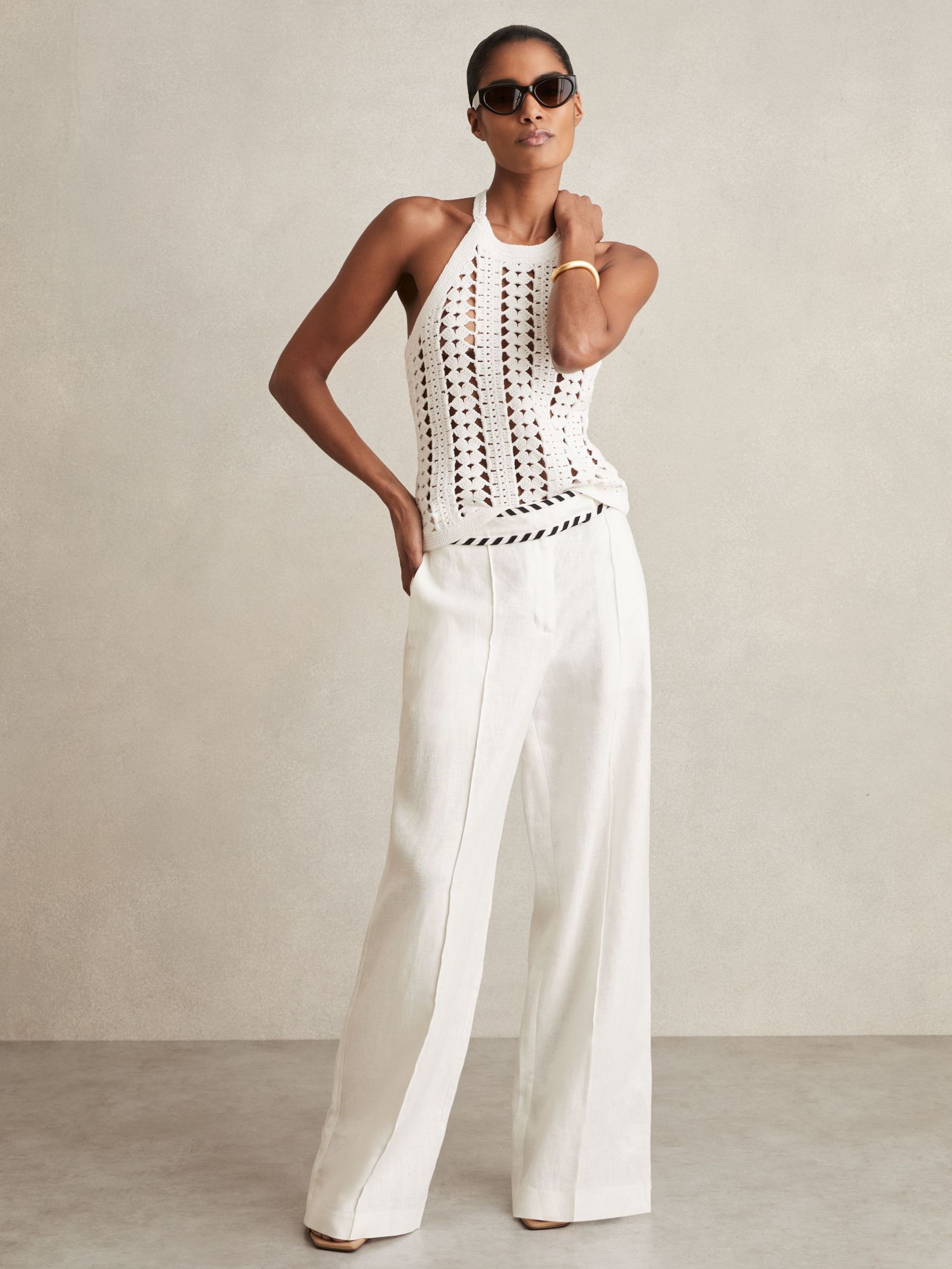 Linen Wide-Leg Whipstitch Trousers in White (AU9675) | €245