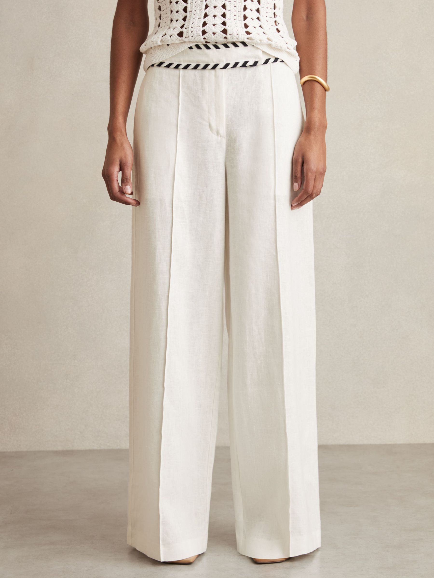 Petite Linen Wide-Leg Whipstitch Trousers in White (AU9678) | US$290