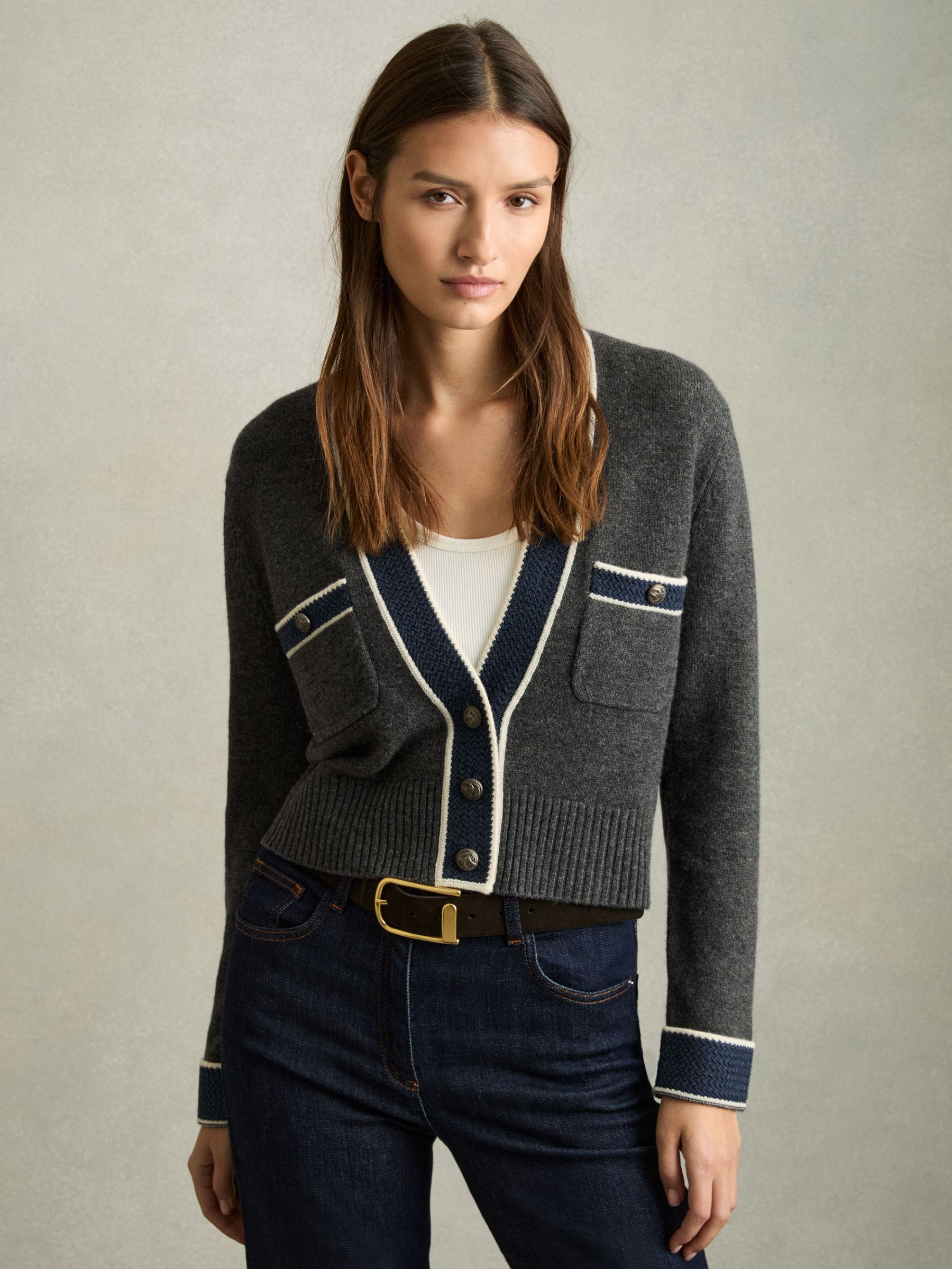 Wool-Cashmere Tipped V-Neck Cardigan in Charcoal (AU9693) | €195