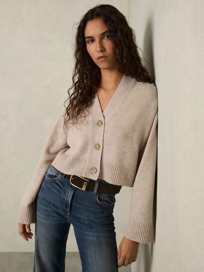 Wool-Cashmere Cropped Cardigan in Oatmeal (AU9699) | €195