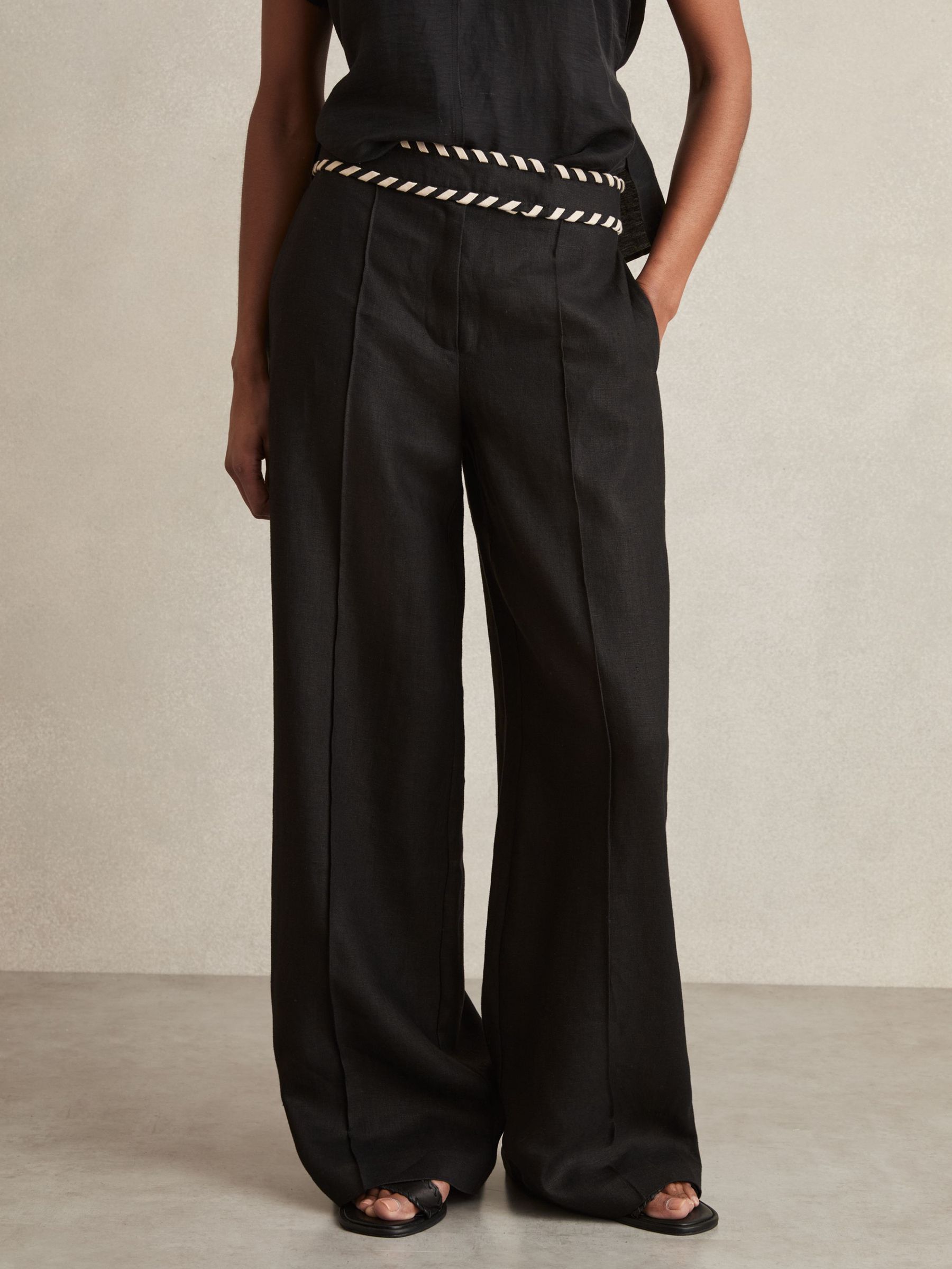 Petite Linen Wide-Leg Whipstitch Trousers in Black (AU9706) | €245