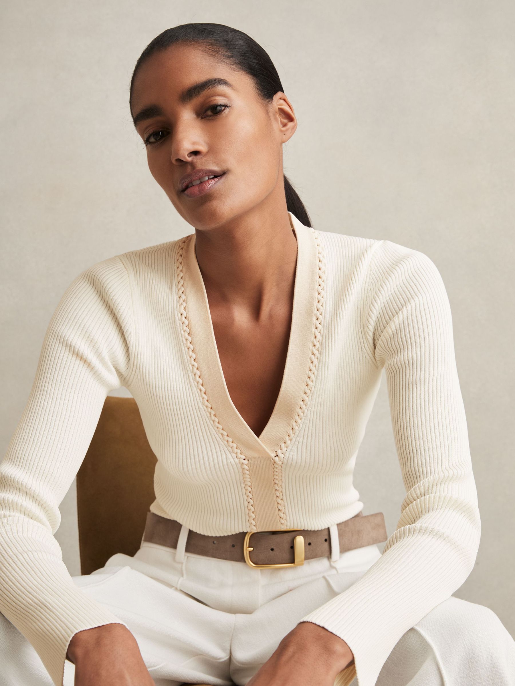 Ribbed Knit Craft Stitch Top in Ivory (AU9708) | €195