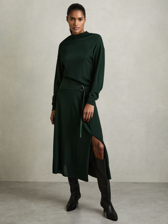 Compact-Knit Belted Midi Dress in Dark Green (AU9710) | US$181
