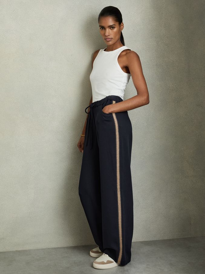 Petite Wide-Leg Embroidered Trousers in Navy (AU9716) | €240