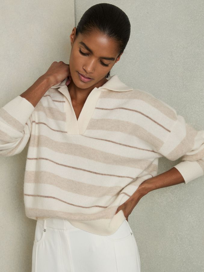 Wool-Cashmere Stripe Open-Collar Jumper in Neutral (AU9718) | 195 €