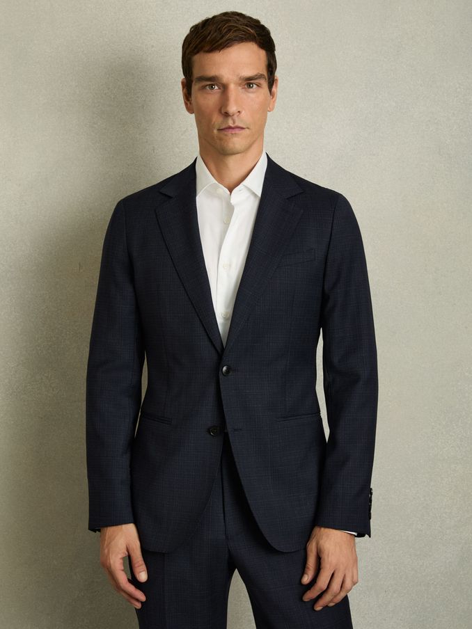 Blazer à simple boutonnage en laine mélangée texturée, bleu marine (AV0081) | 425 €