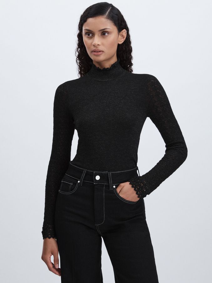 Paige Metallic Thread Pointelle Stitch Top in Black (AV0138) | €380
