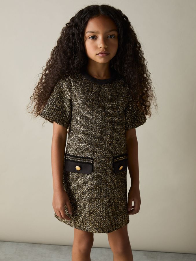 9-13 yrs Tweed Metallic-Thread Shift Dress in Gold (AV0139) | AED169