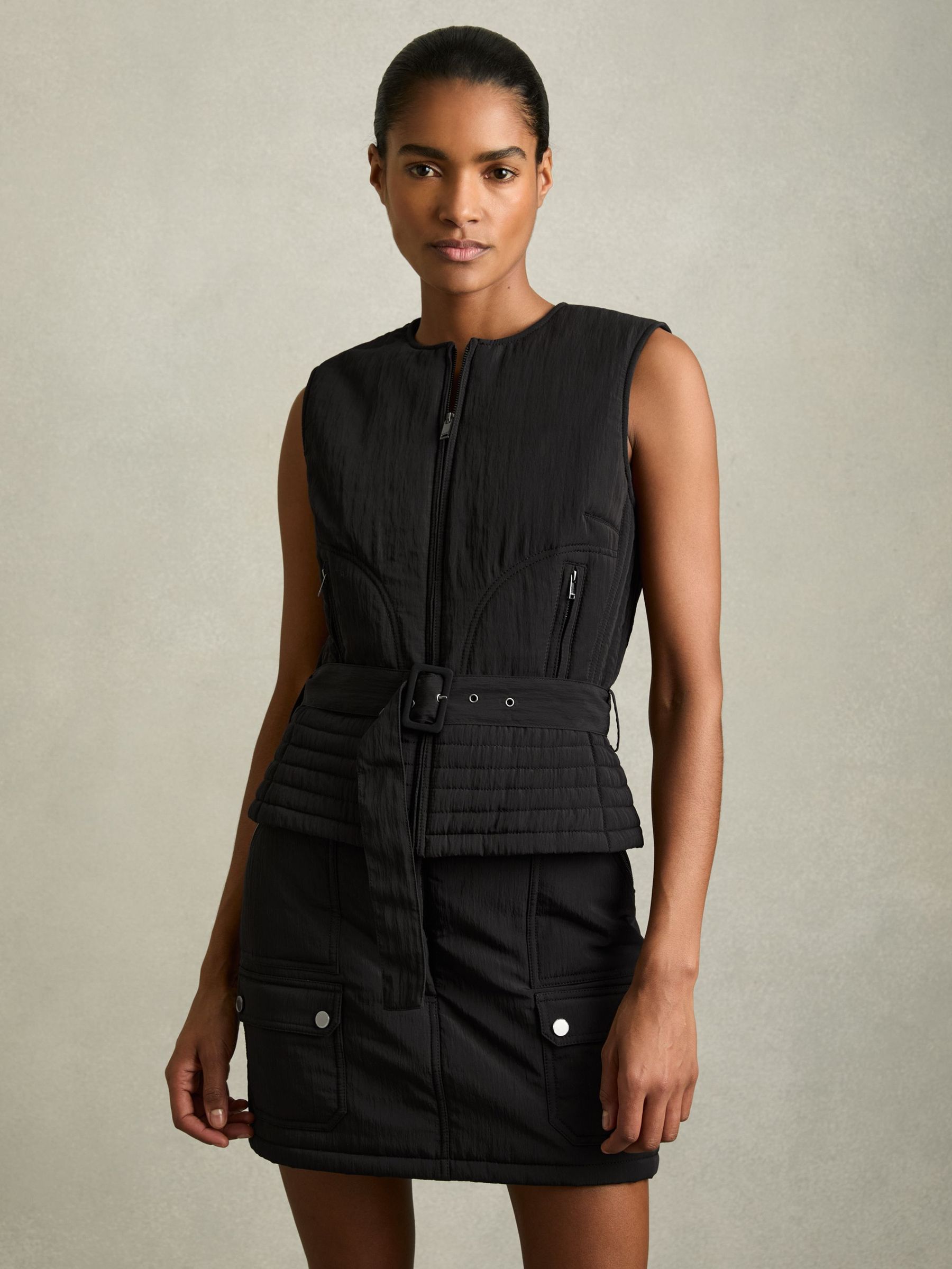 Quilted Zip-Through Belted Vest in Black (AV0144) | AED436