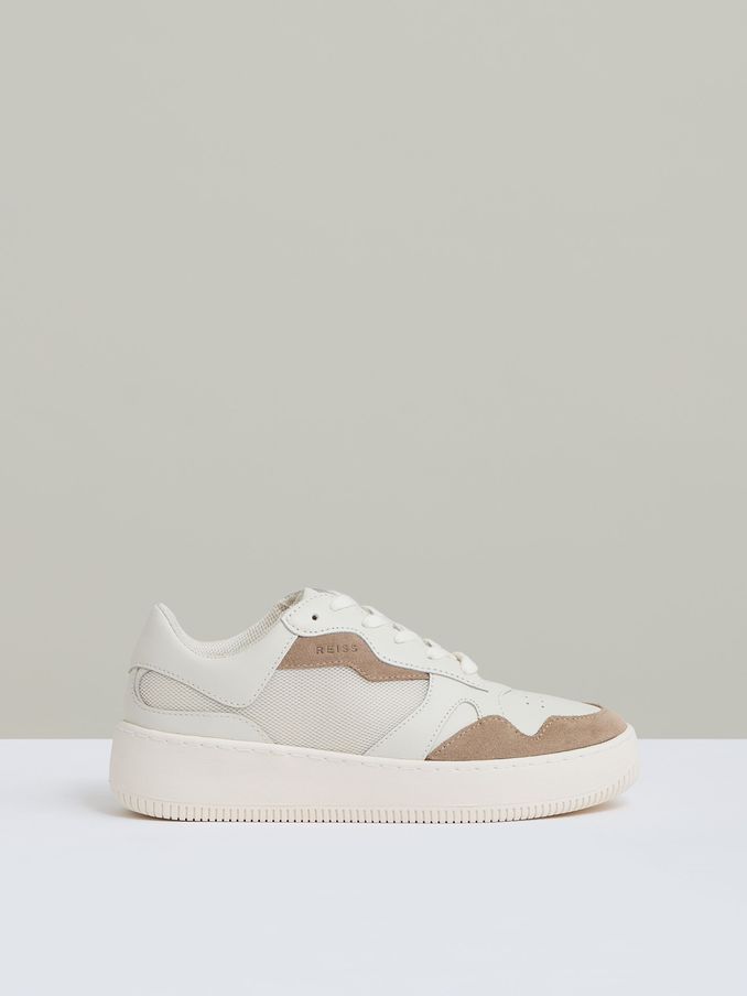 Leather And Mesh Platform Trainers in Taupe (AV2785) | US$240