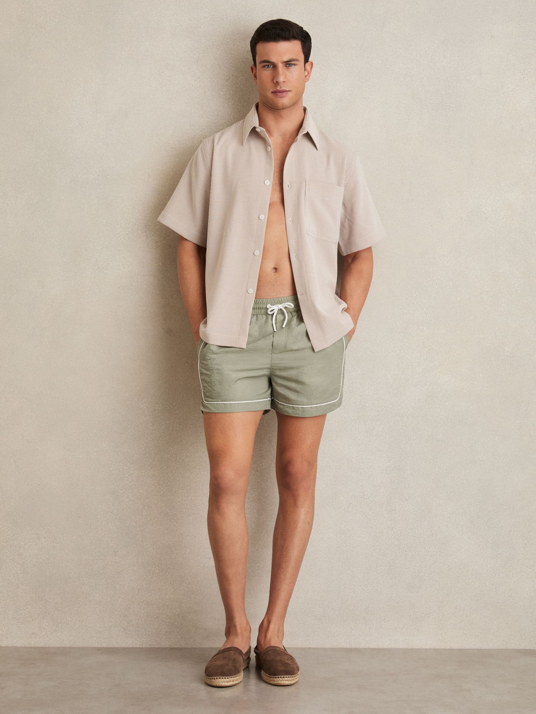 Piped Drawstring Swim Shorts in Pistachio/Off White (AV2786) | $110
