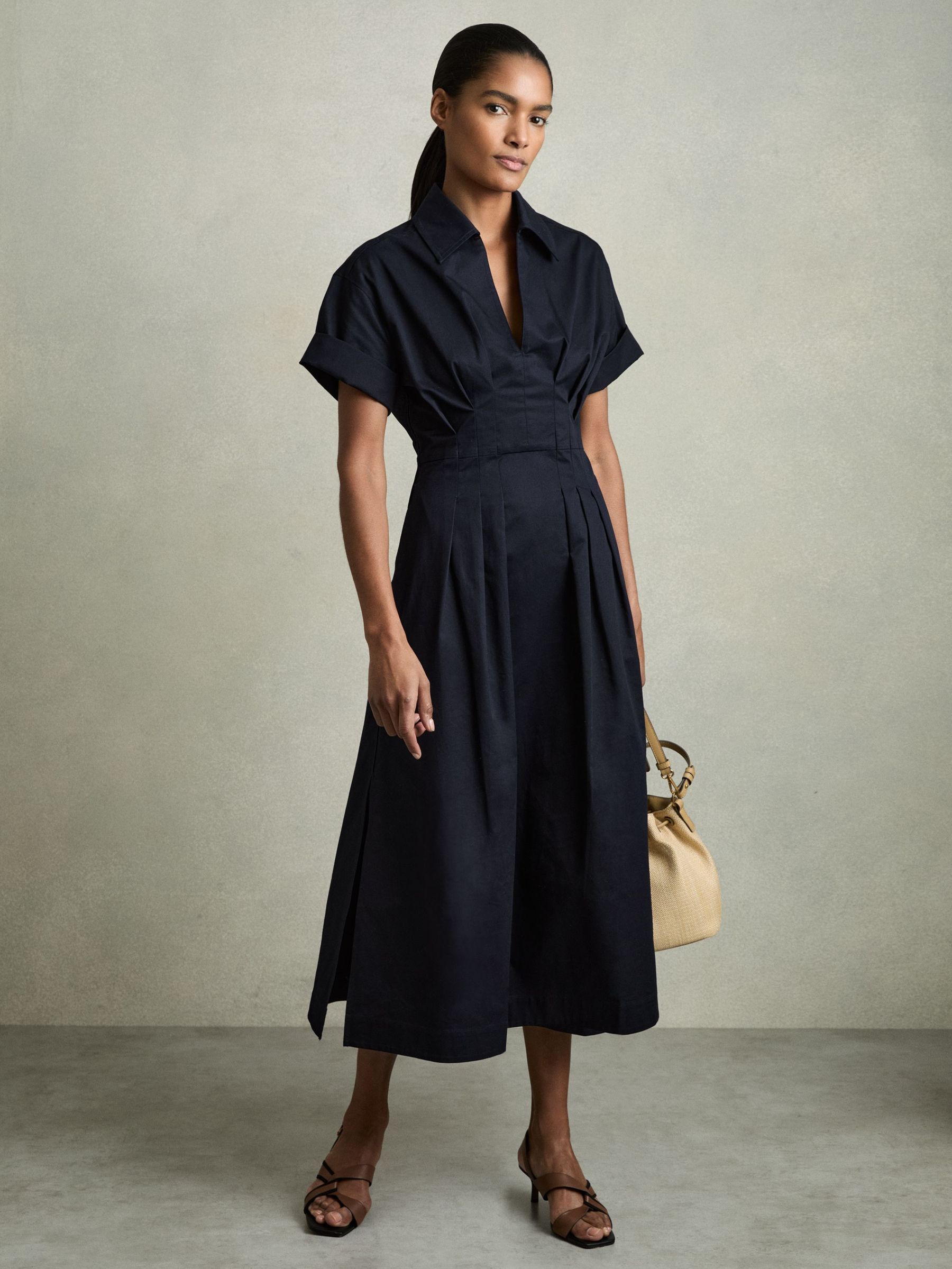 Cotton Pleated-Waist Midi Dress in Navy (AV2795) | €245