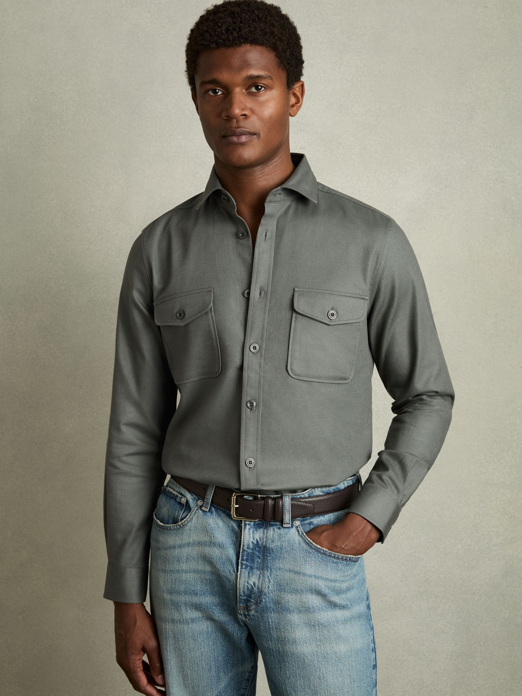 Stretch-Cotton Twill Twin-Pocket Overshirt in Sage (AV5056) | CA$225