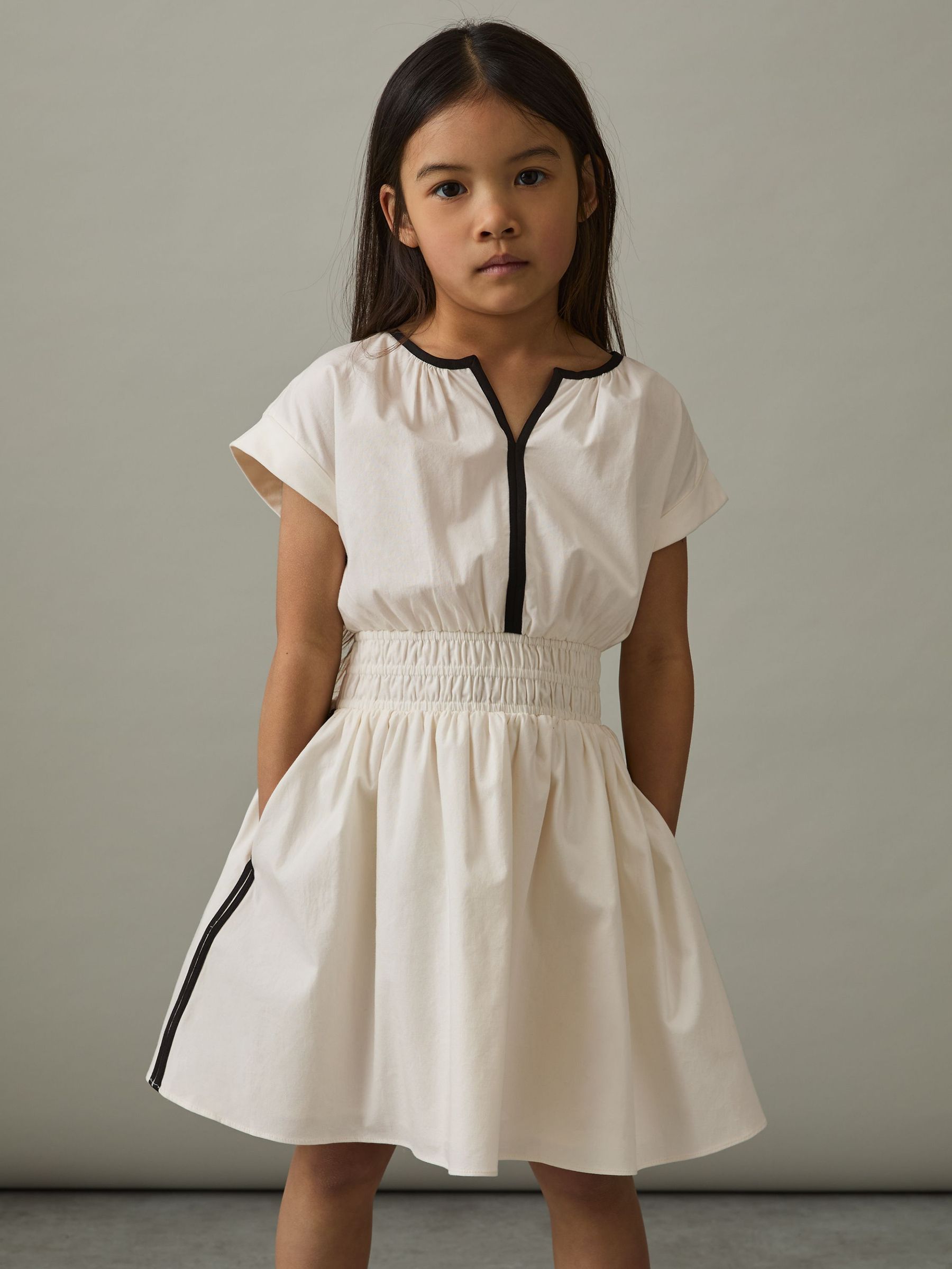 4-9 yrs Cotton Cap-Sleeve Ruched Dress in Ivory (AV5062) | €70