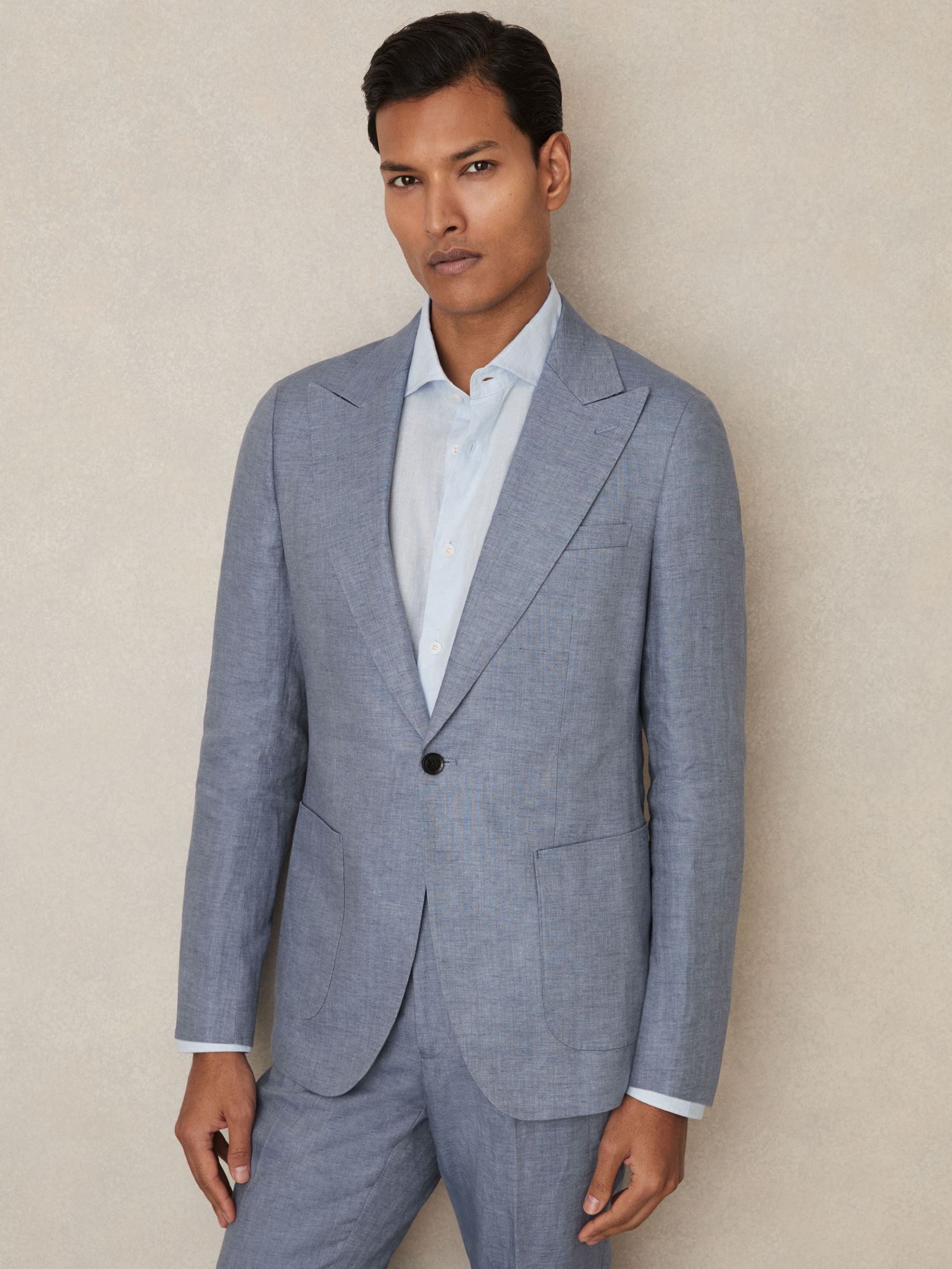 Linen Single-Breasted Suit Blazer Slim-Fit in Airforce Blue (AV5066) | US$545