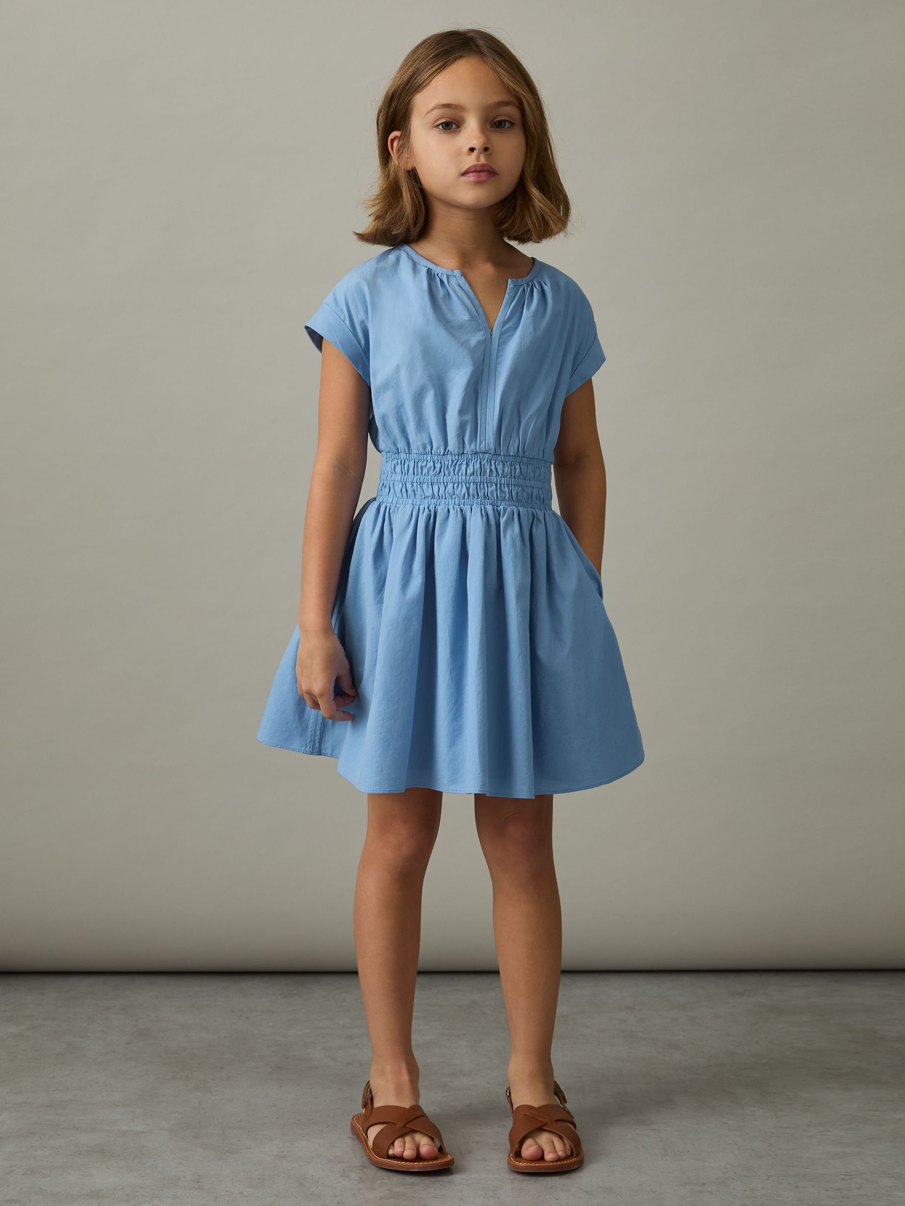 49{Katoenen Kapmouwen met Ruches Jurk in Blauw (AV5071) | € 70