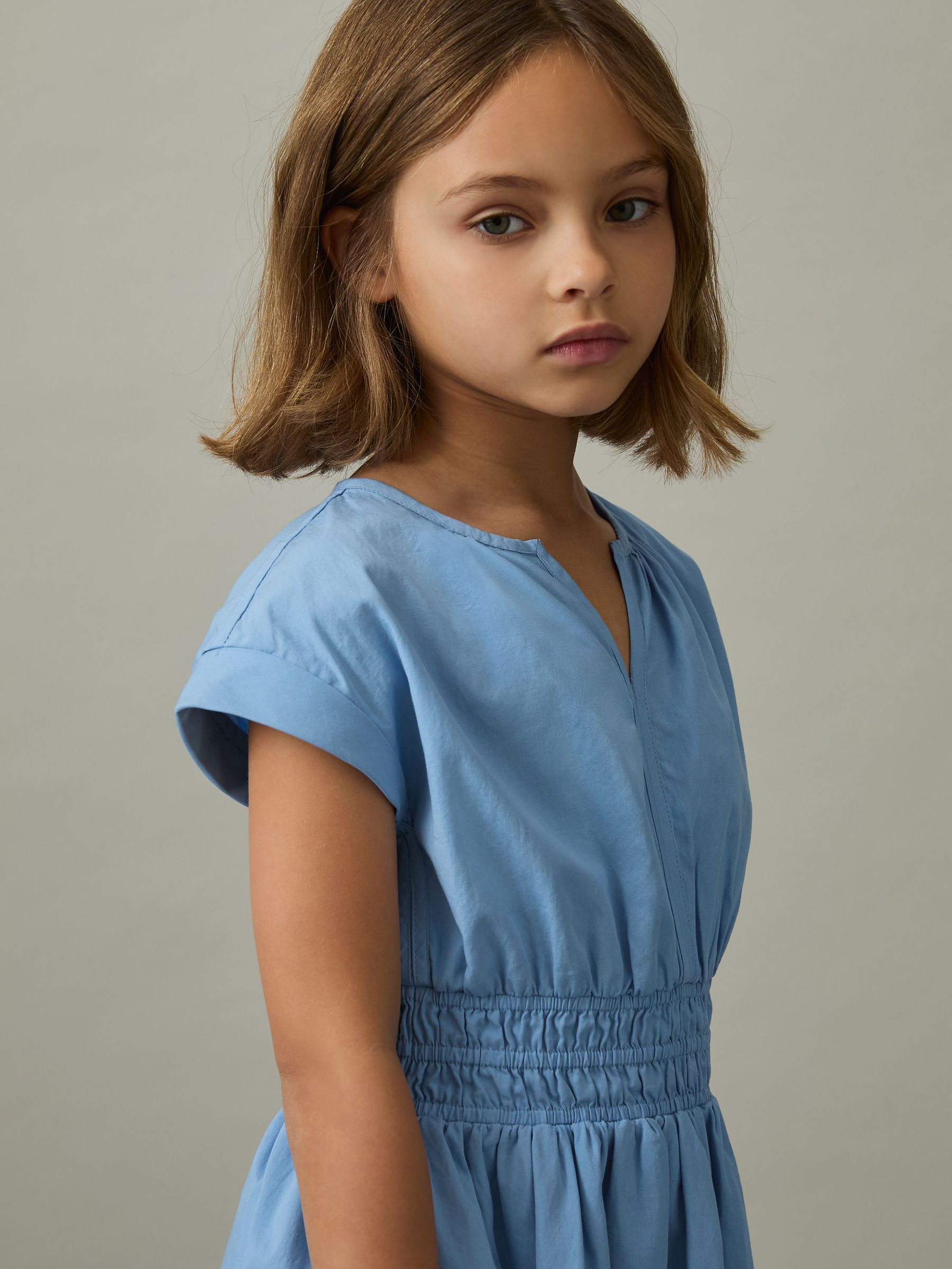 913{Katoenen Kapmouwen met Ruches Jurk in Blauw (AV5073) | € 75