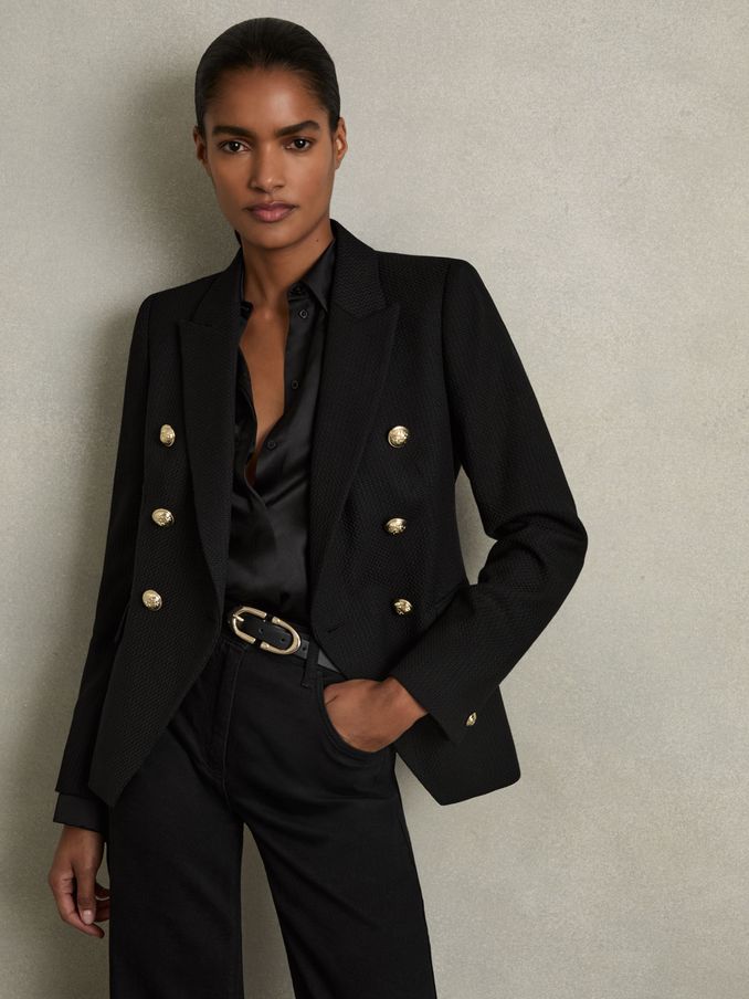 Tailored Fit Textured Double Breasted Blazer in Black (AV5075) | €395