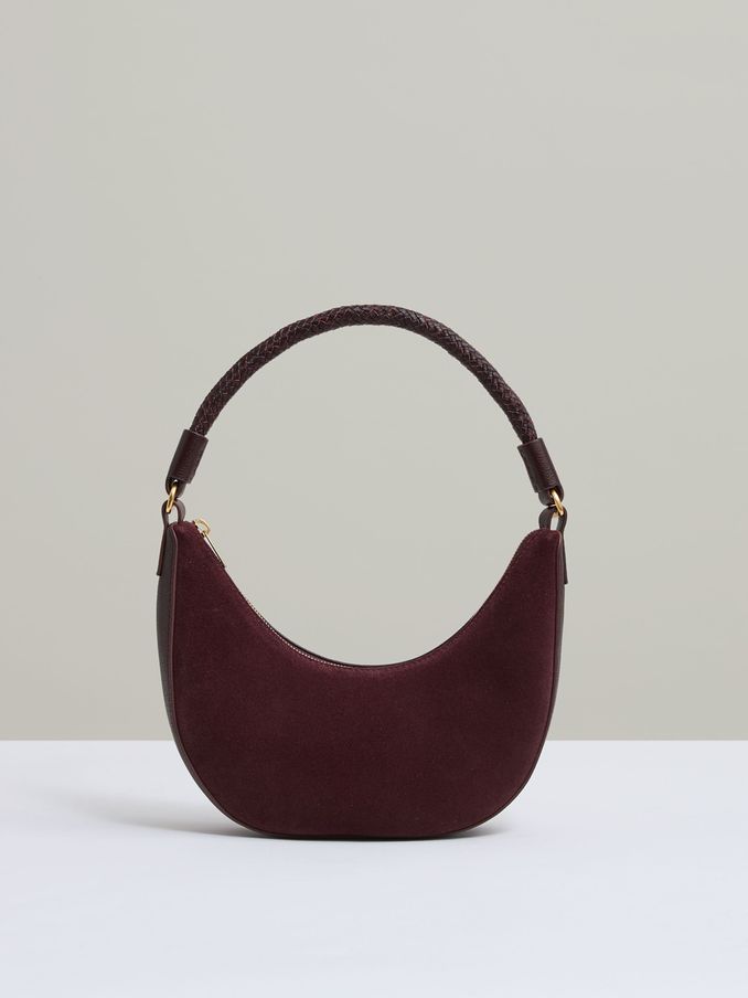 Suede And Leather Half-Moon Shoulder Bag in Oxblood (AV5082) | US$265