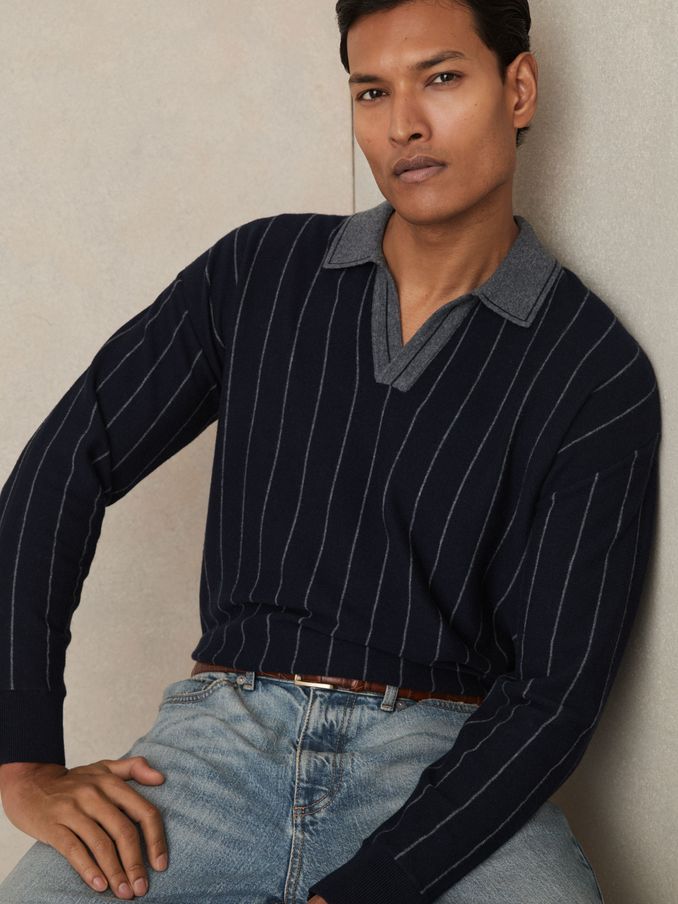 Wool Open-Collar Stripe Polo Shirt in Navy (AV5090) | US$112