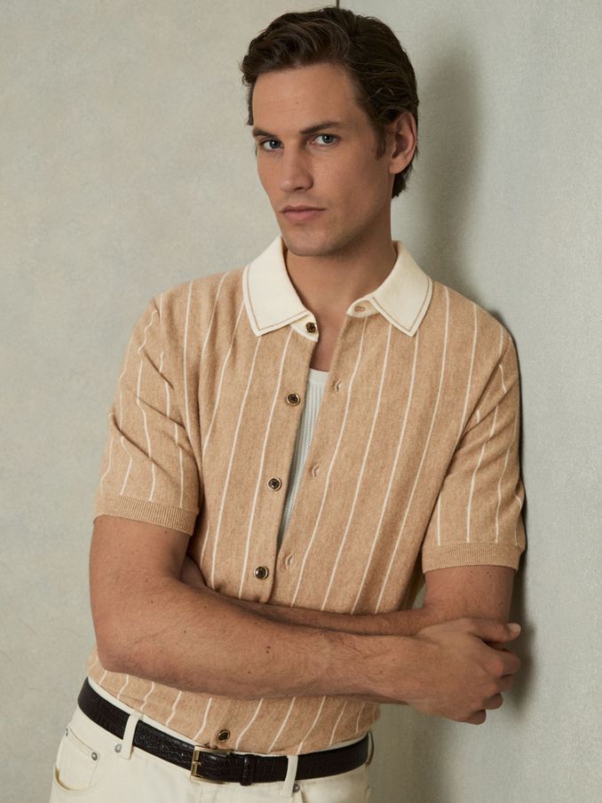Wool Striped-Knit Short-Sleeve Shirt in Camel (AV5091) | US$94