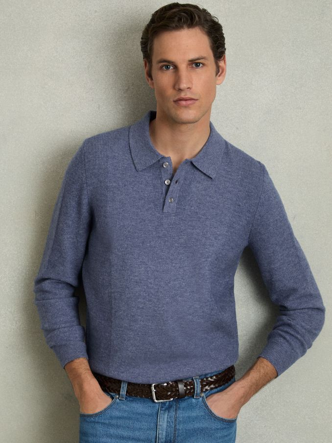 Wool Textured Long Sleeve Polo Shirt in Soft Blue (AV5092) | €82