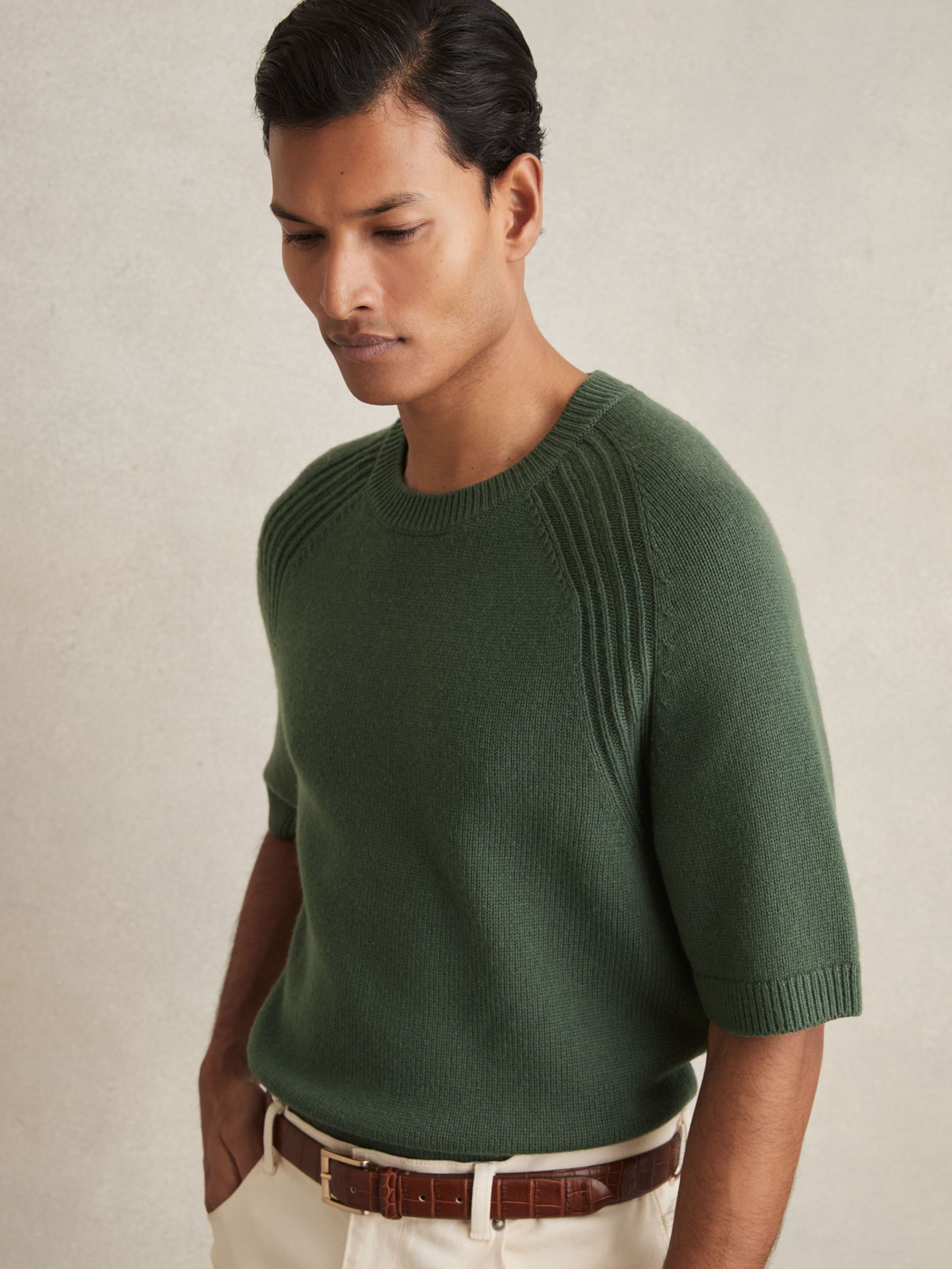 Wool Blend Heavy Knit T-Shirt in Kale Green (AV5094) | $118