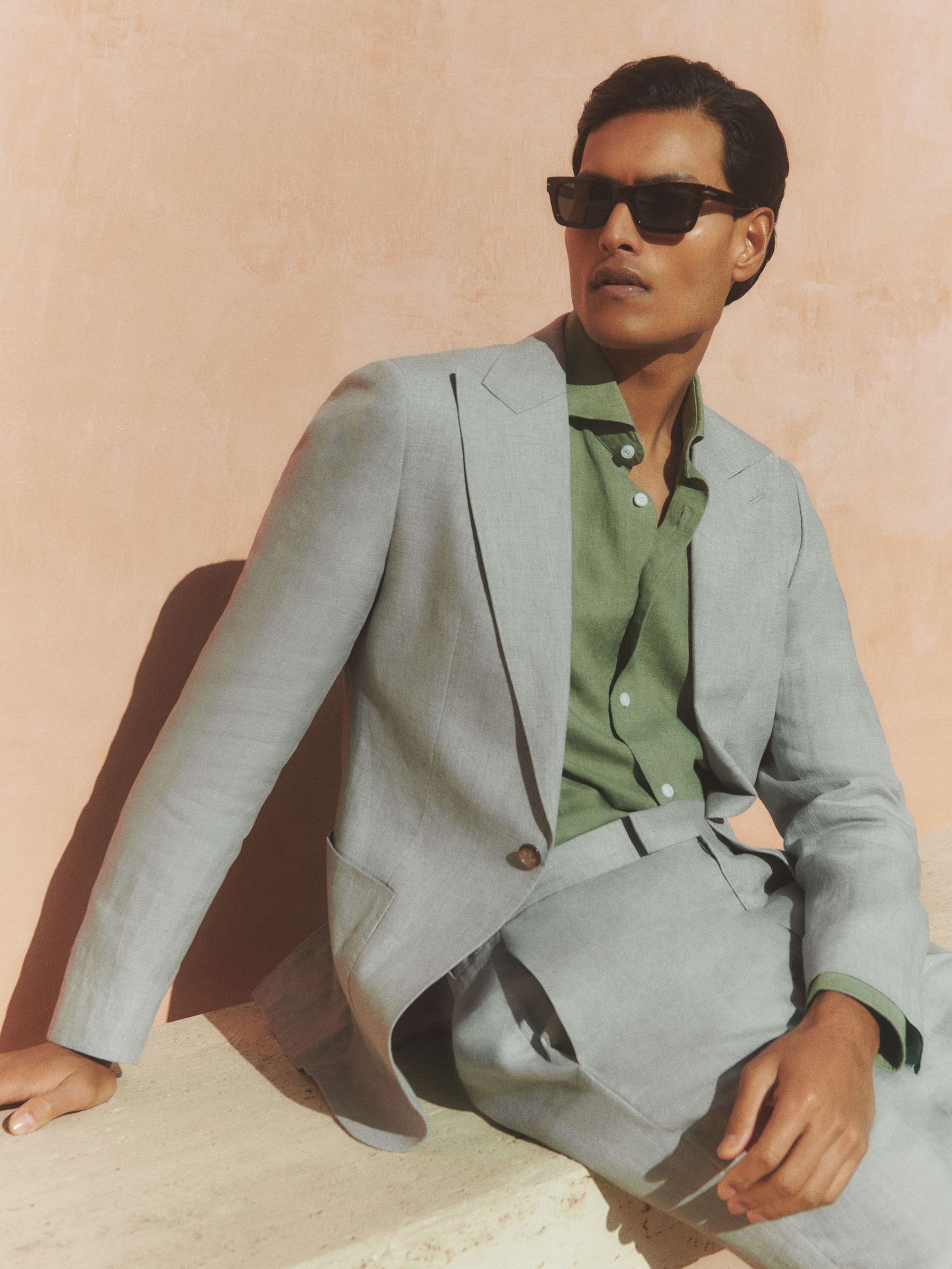 Linen Single-Breasted Suit Blazer Slim-Fit in Ocean Green (AV5095) | US$545