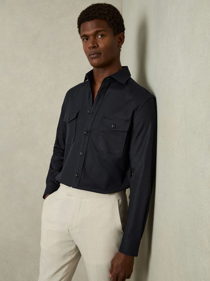 Stretch-Cotton Twill Twin-Pocket Overshirt in Navy (AV5097) | CA$225