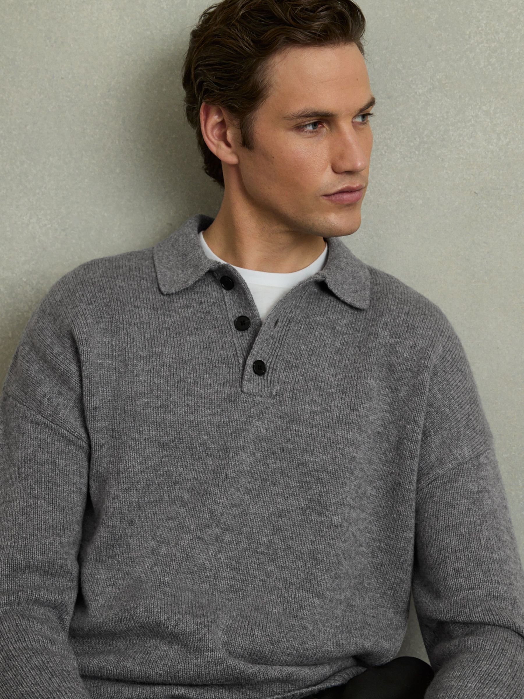 Wool Blend Long Sleeve Polo Shirt in Grey Melange (AV5102) | US$225