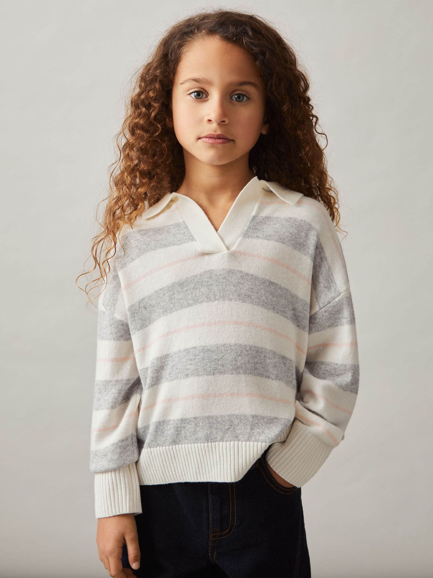 9-13 yrs Wool-Blend Striped Collared Jumper With Cashmere in Grey (AV5108) | US$70