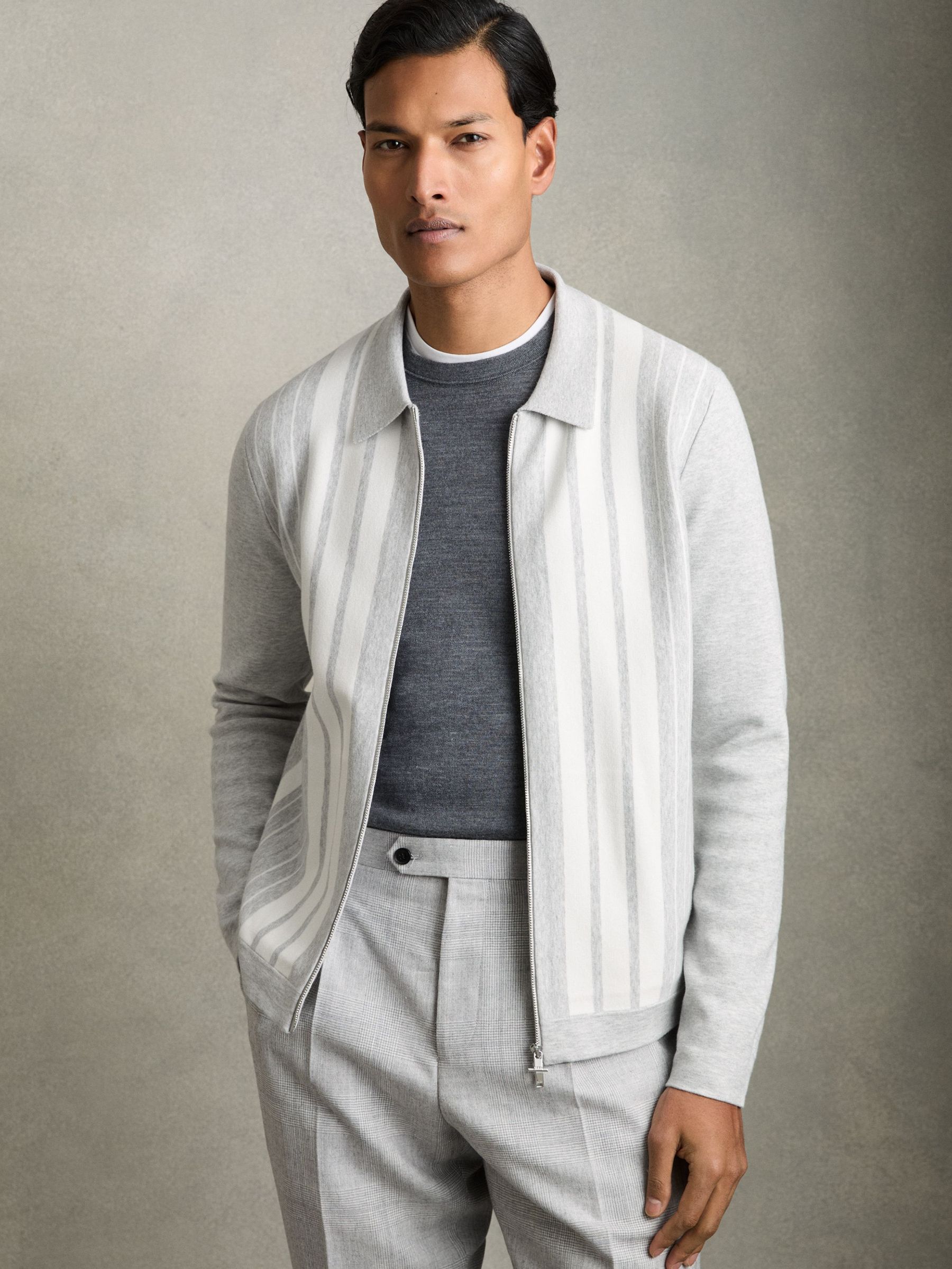 Striped Zip Through Knitted Jacket in Grey Melange/White (AV5113) | €102