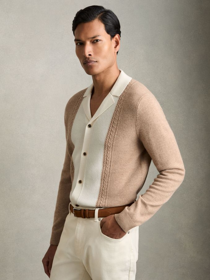 Wool Colourblock Knitted Shirt in Camel (AV5114) | €94