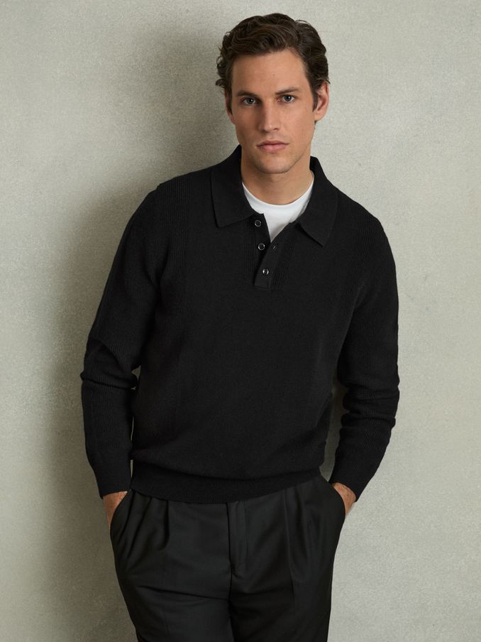 Wool Textured Long Sleeve Polo Shirt in Black (AV5116) | €82