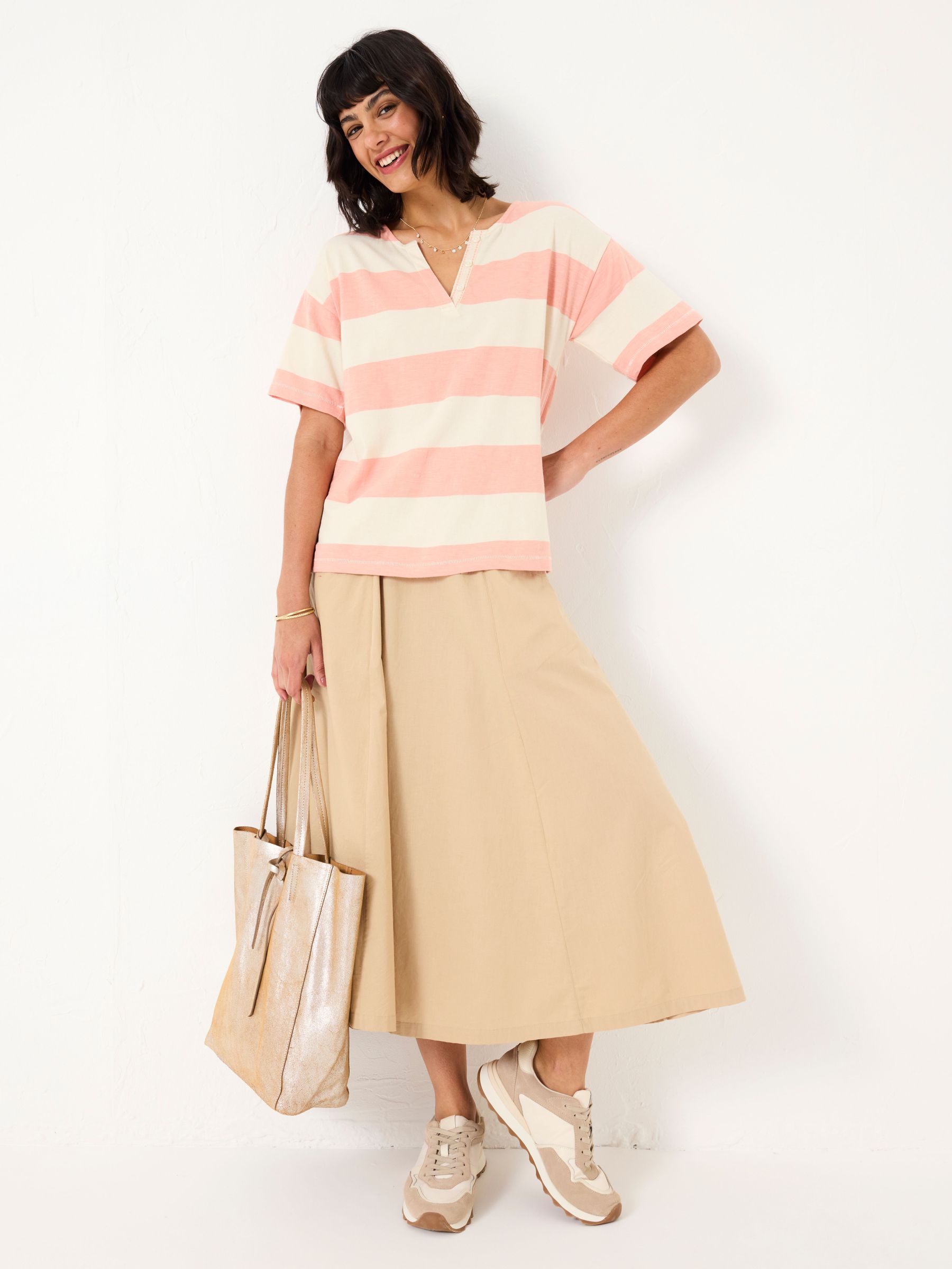 Pink 100% Cotton Stripe Notch Neck T-Shirt (AV6259) | $38