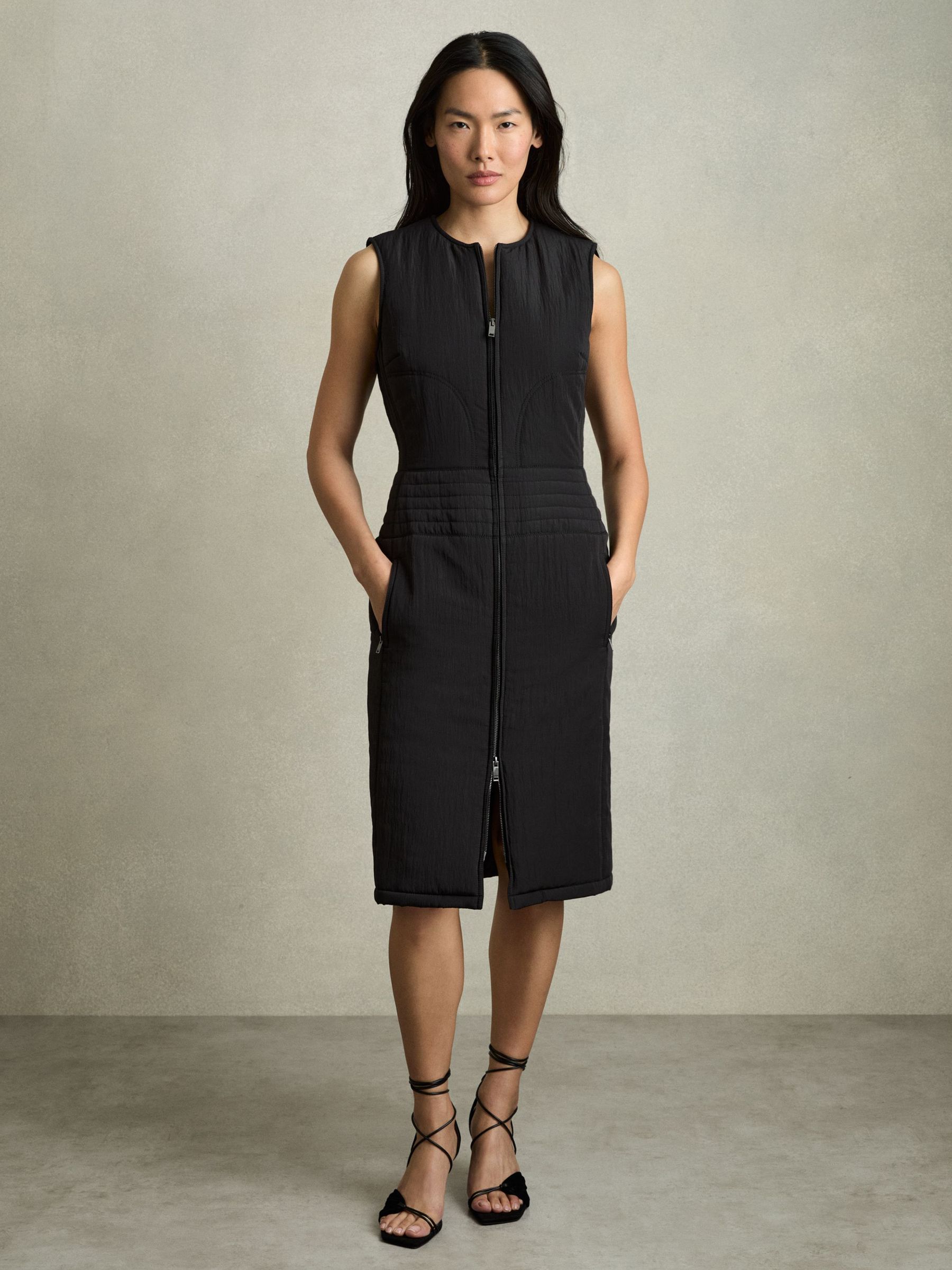 Quilted Zip-Through Sleeveless Dress in Black (AV6505) | 612 SAR
