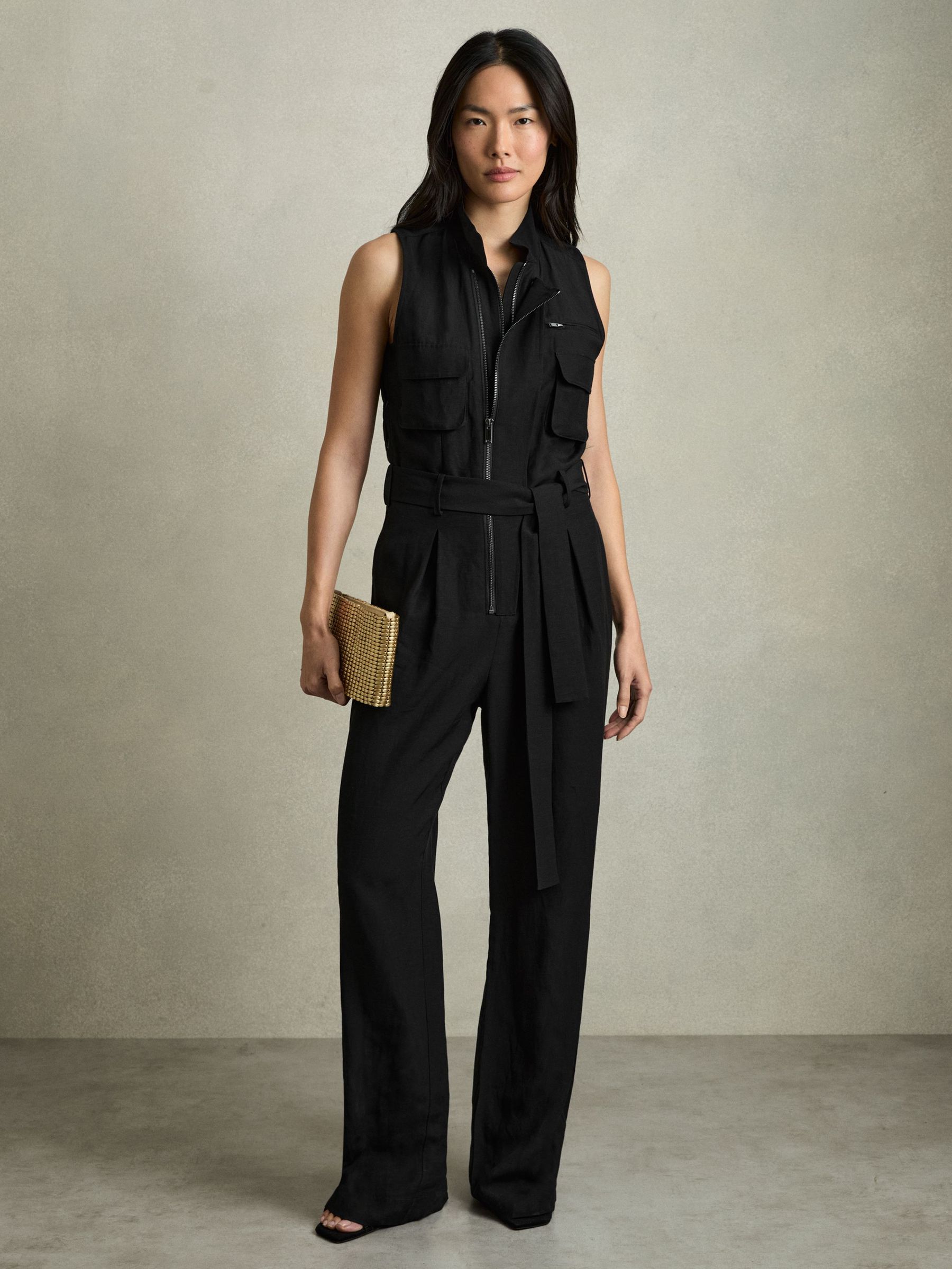 Utility- Jumpsuit met rits en linnen in zwart (AV6515) | € 268