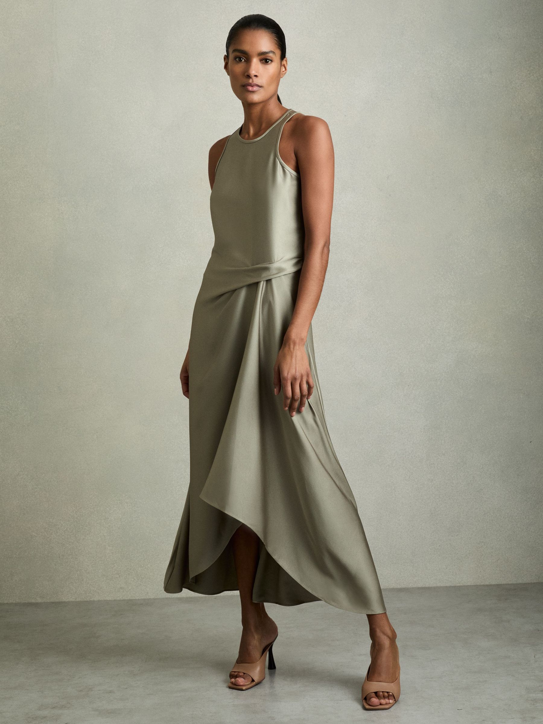 Satin Drape Tuck Midi Dress in Khaki (AV6521) | €225