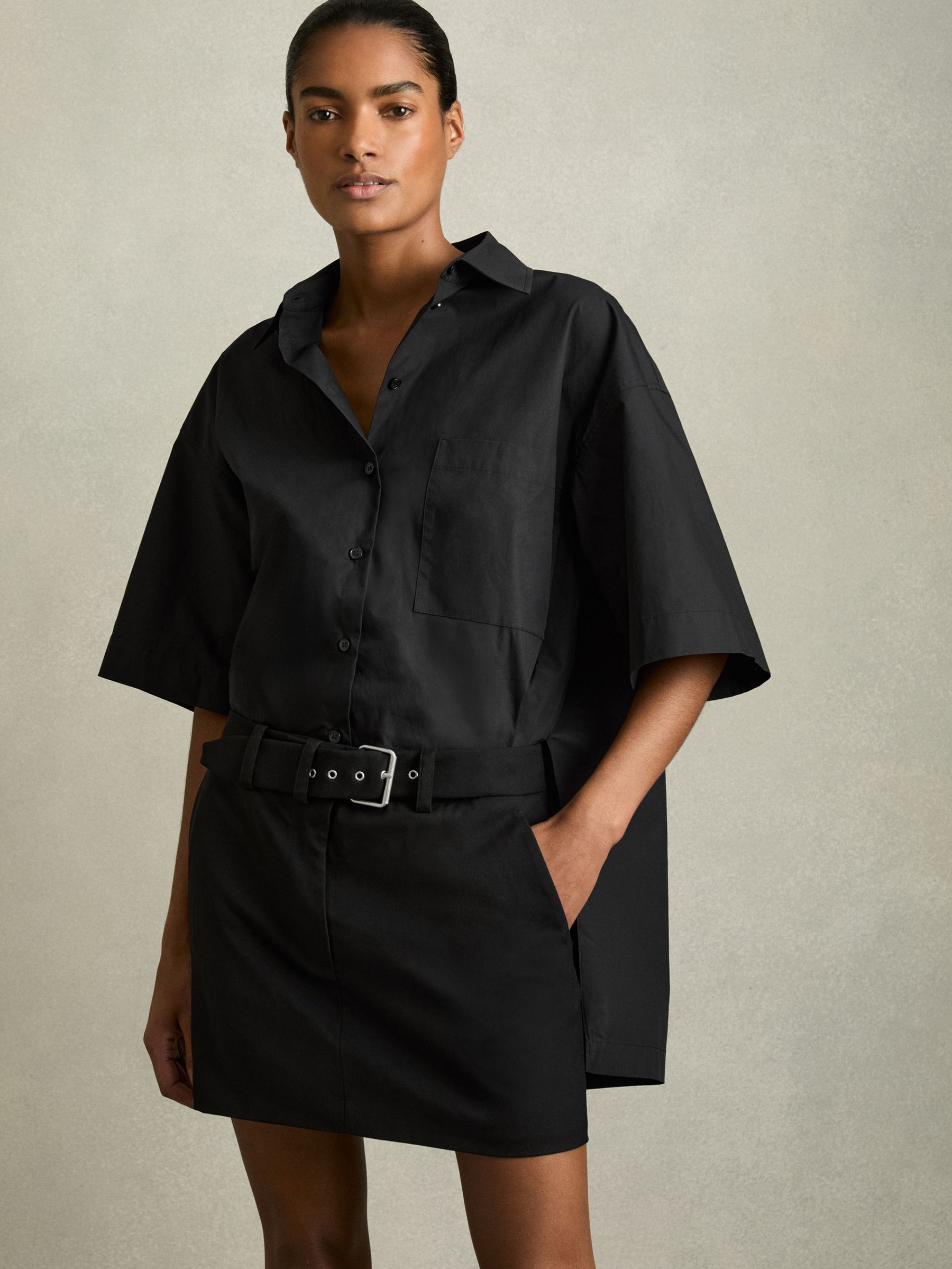 Cotton Woven Belted Shirt Dress in Black (AV6525) | US$234