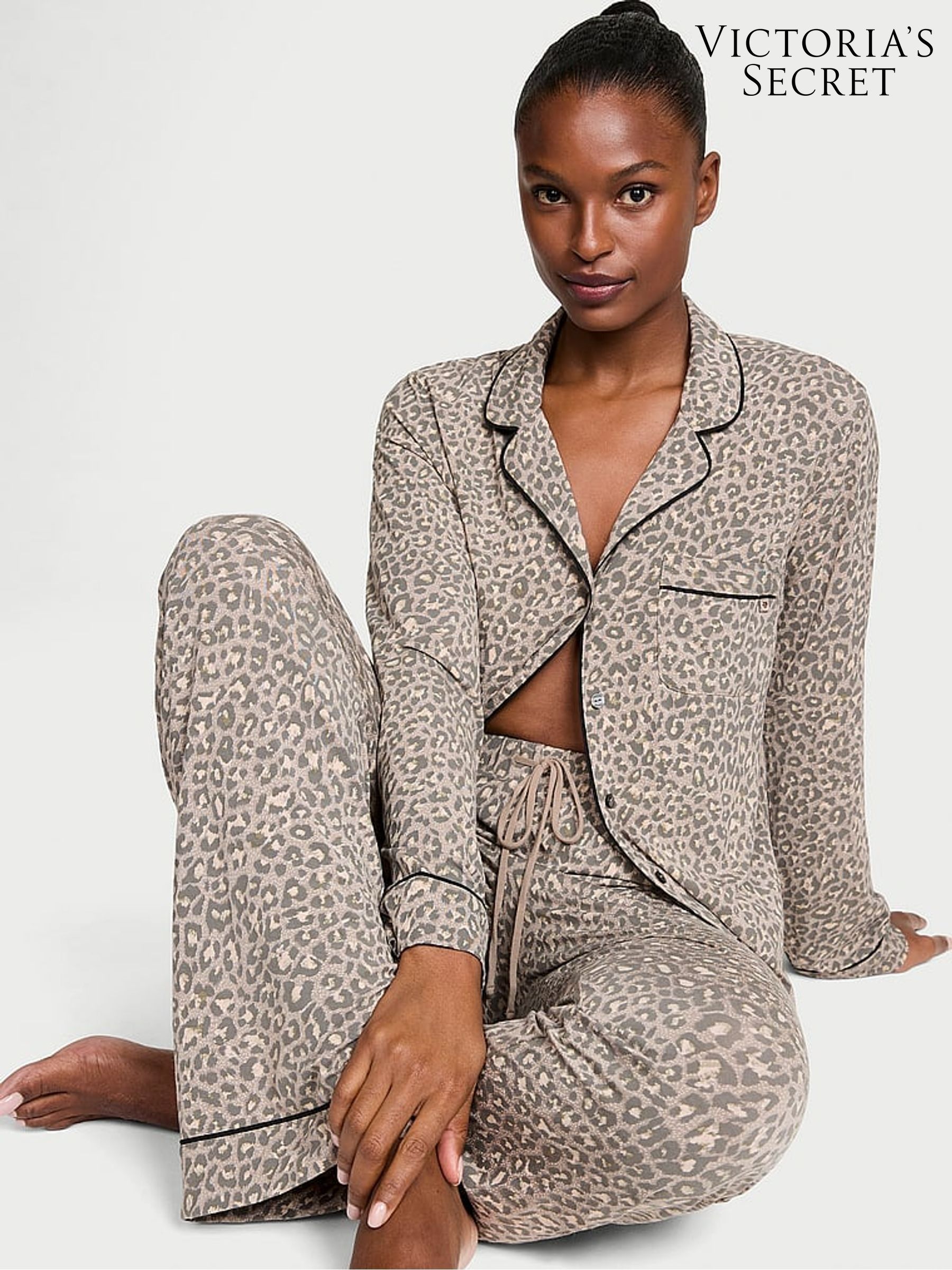 Turtle Dove Grey Leopard Modal Long Pyjama Set (AV7550) | €68