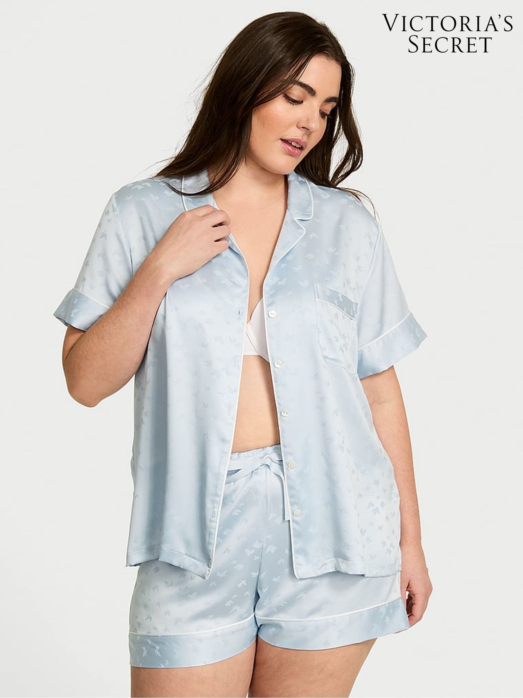 Palest Blue Butterfly Jacquard Satin Short Pyjama Set (AV7574) | €75